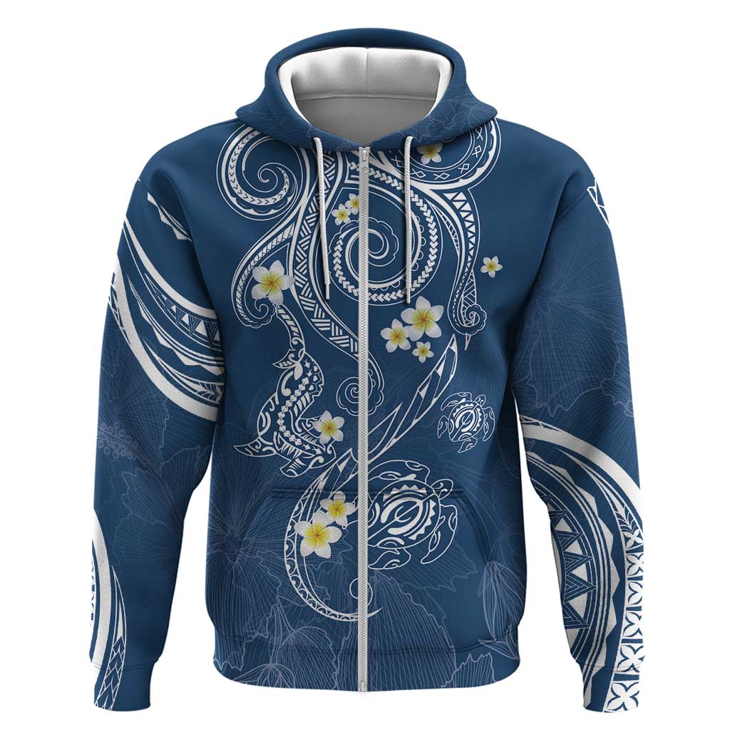 Polynesia Tribal Zip Hoodie Deep Blue Plumeria Tentacles