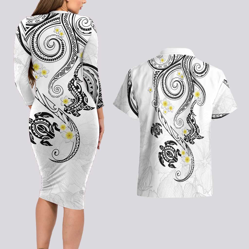 Polynesia Tribal Couples Matching Long Sleeve Bodycon Dress and Hawaiian Shirt White Plumeria Tentacles LT7 - Polynesian Pride