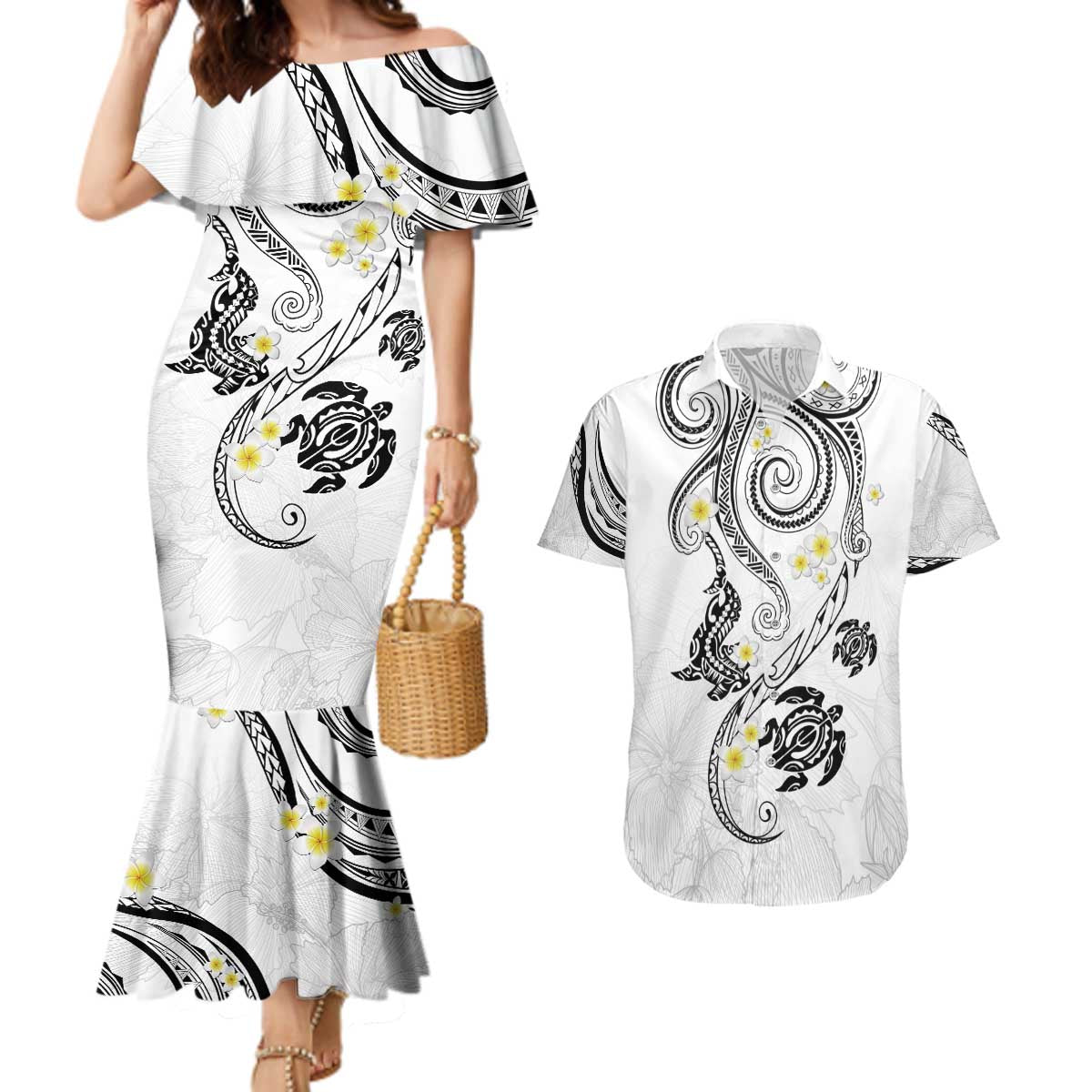 Polynesia Tribal Couples Matching Mermaid Dress and Hawaiian Shirt White Plumeria Tentacles LT7 White - Polynesian Pride