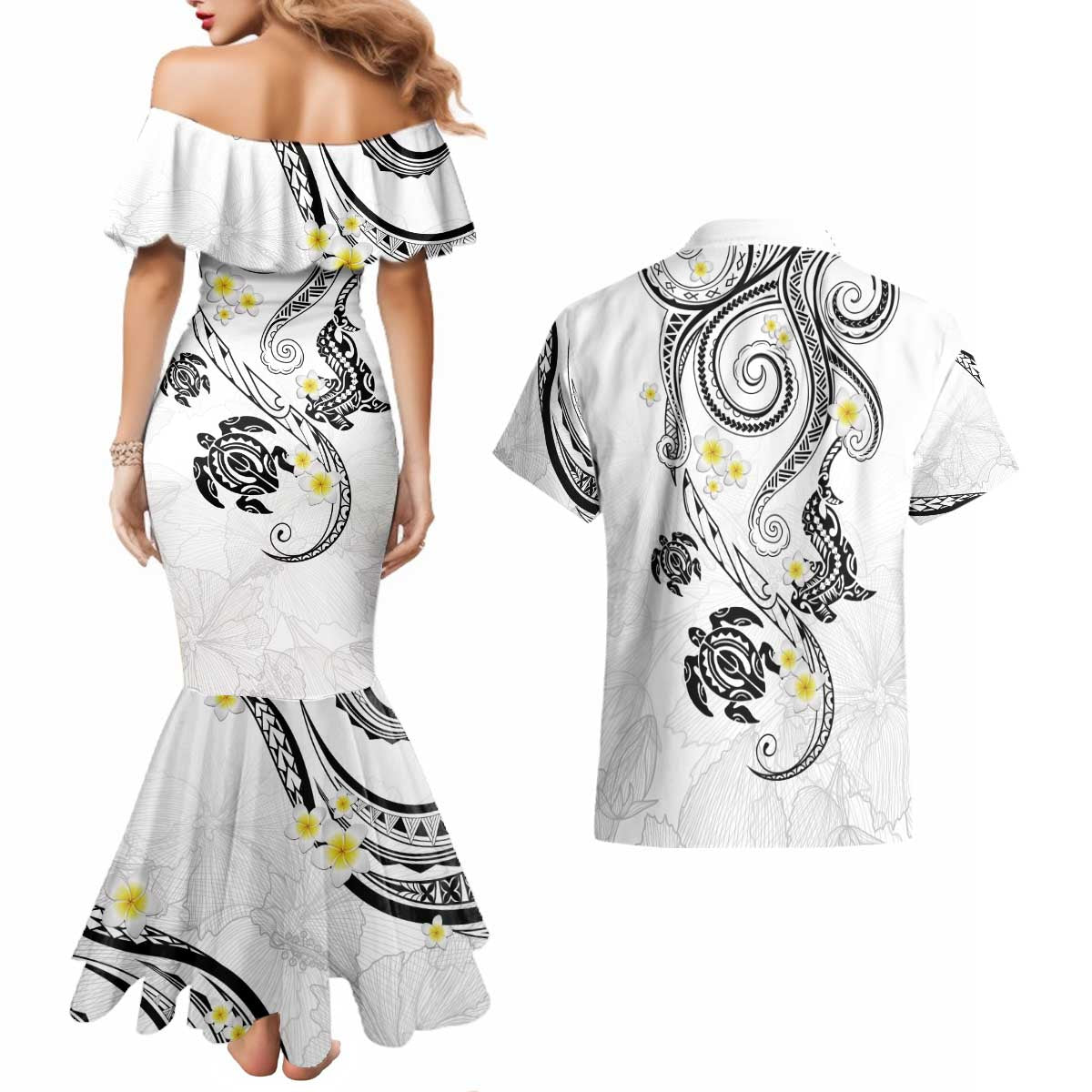 Polynesia Tribal Couples Matching Mermaid Dress and Hawaiian Shirt White Plumeria Tentacles LT7 - Polynesian Pride