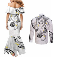 Polynesia Tribal Couples Matching Mermaid Dress and Long Sleeve Button Shirt White Plumeria Tentacles LT7 - Polynesian Pride