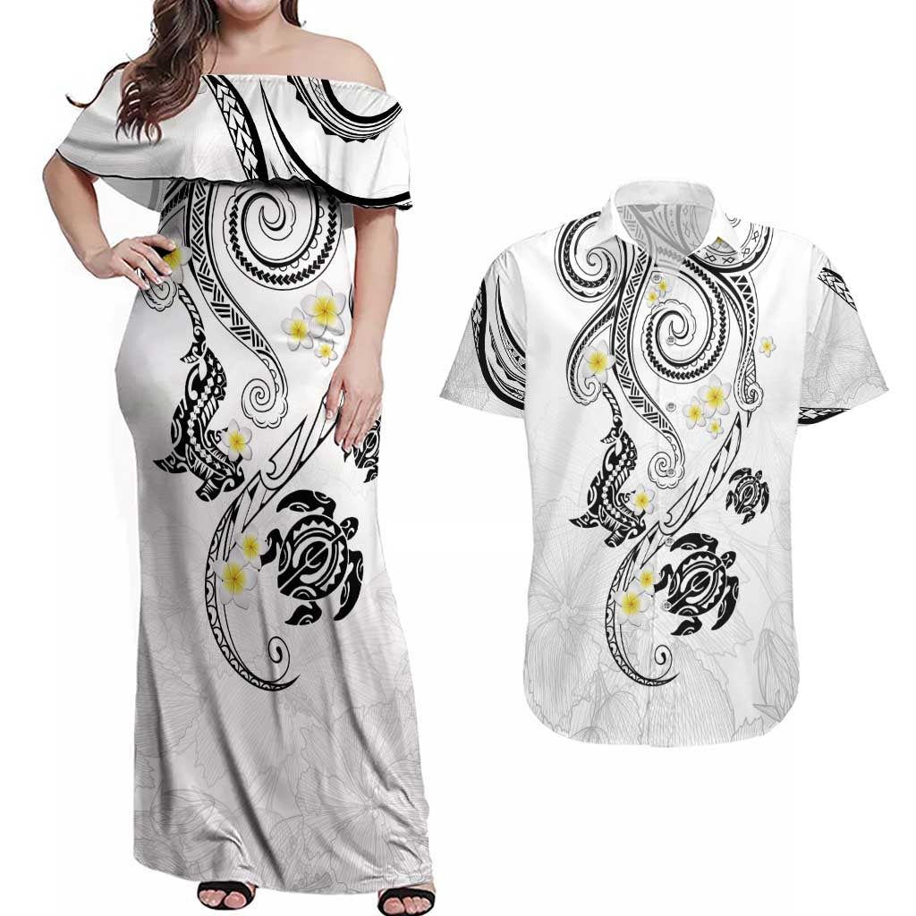 Polynesia Tribal Couples Matching Off Shoulder Maxi Dress and Hawaiian Shirt White Plumeria Tentacles LT7 White - Polynesian Pride