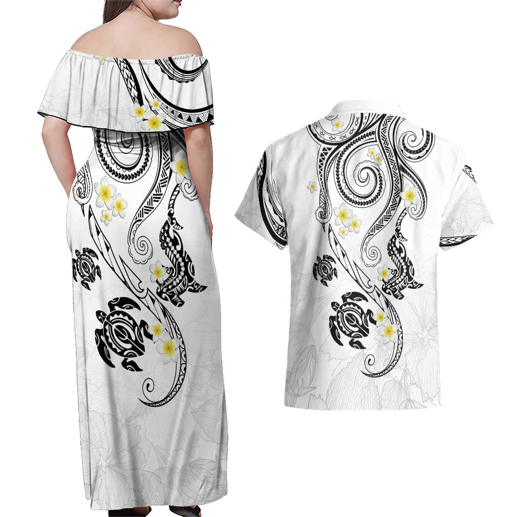 Polynesia Tribal Couples Matching Off Shoulder Maxi Dress and Hawaiian Shirt White Plumeria Tentacles LT7 - Polynesian Pride