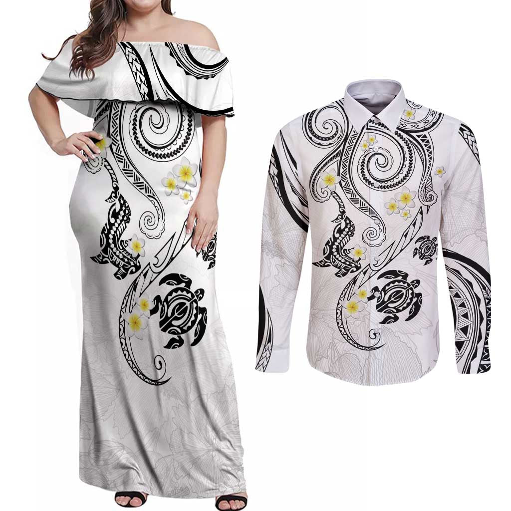 Polynesia Tribal Couples Matching Off Shoulder Maxi Dress and Long Sleeve Button Shirt White Plumeria Tentacles