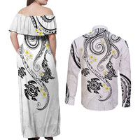 Polynesia Tribal Couples Matching Off Shoulder Maxi Dress and Long Sleeve Button Shirt White Plumeria Tentacles