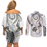 Polynesia Tribal Couples Matching Off Shoulder Short Dress and Long Sleeve Button Shirt White Plumeria Tentacles LT7 - Polynesian Pride