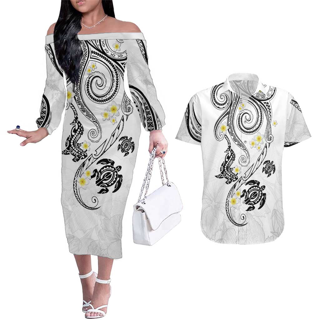 Polynesia Tribal Couples Matching Off The Shoulder Long Sleeve Dress and Hawaiian Shirt White Plumeria Tentacles LT7 White - Polynesian Pride