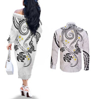 Polynesia Tribal Couples Matching Off The Shoulder Long Sleeve Dress and Long Sleeve Button Shirt White Plumeria Tentacles LT7 - Polynesian Pride