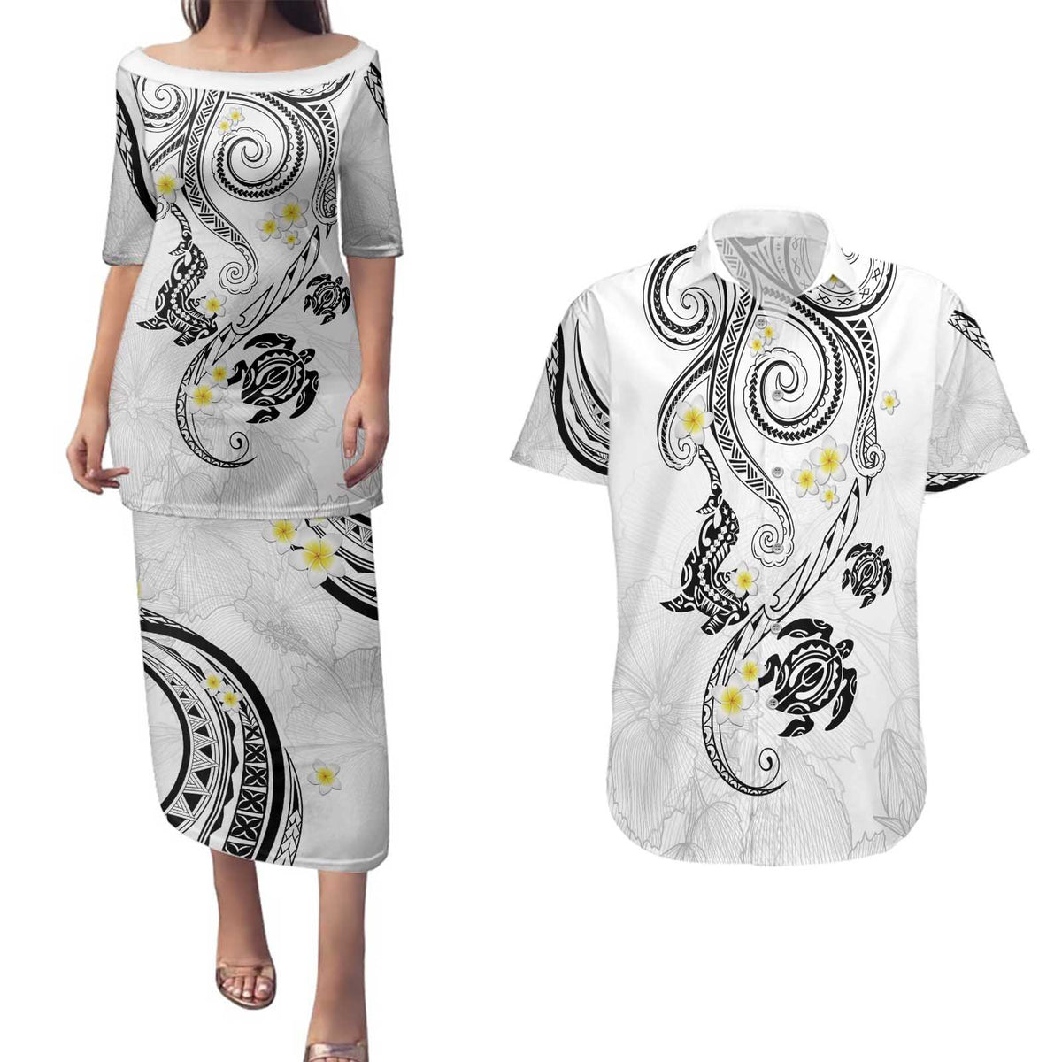 Polynesia Tribal Couples Matching Puletasi and Hawaiian Shirt White Plumeria Tentacles LT7 White - Polynesian Pride