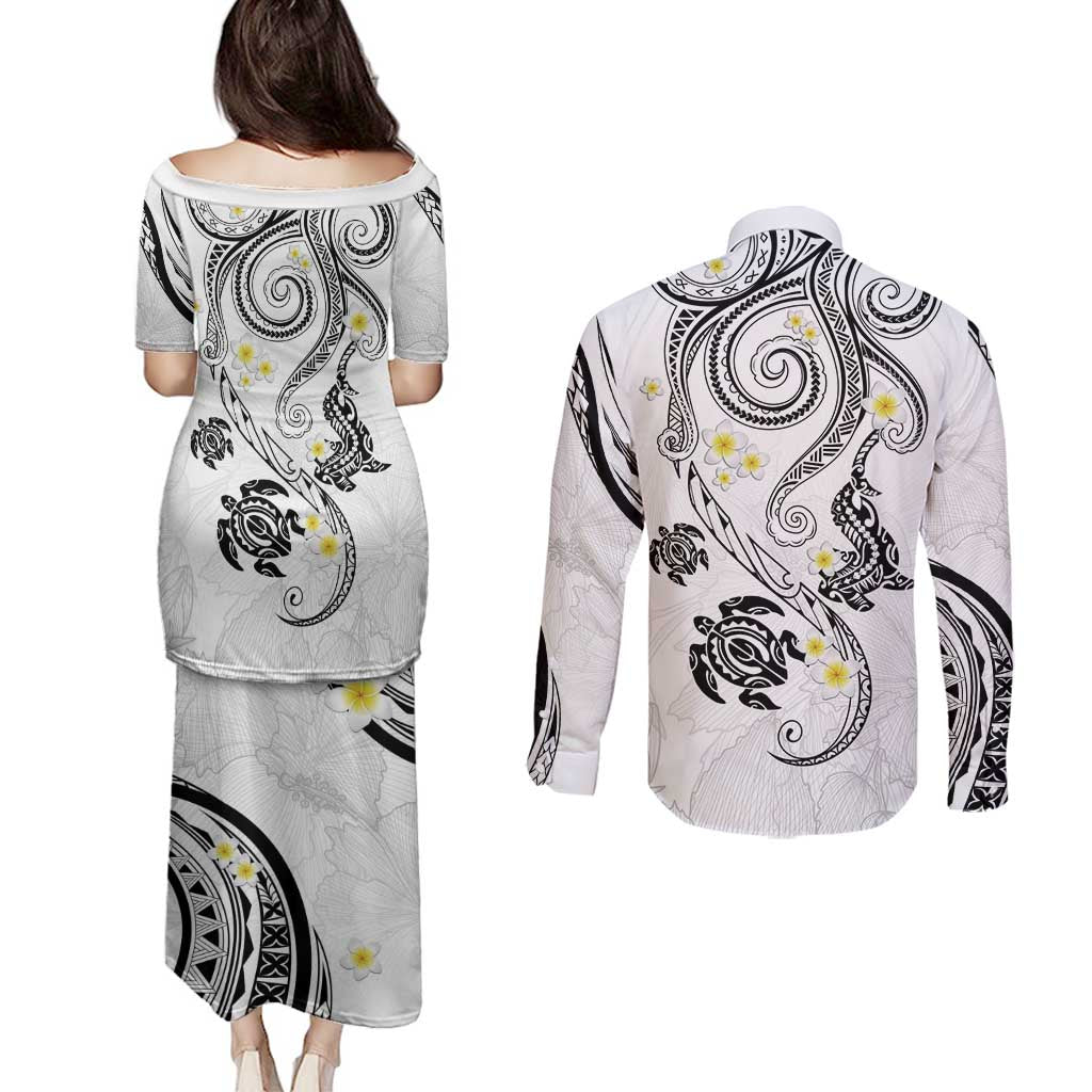 Polynesia Tribal Couples Matching Puletasi and Long Sleeve Button Shirt White Plumeria Tentacles