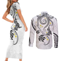 Polynesia Tribal Couples Matching Short Sleeve Bodycon Dress and Long Sleeve Button Shirt White Plumeria Tentacles LT7 - Polynesian Pride