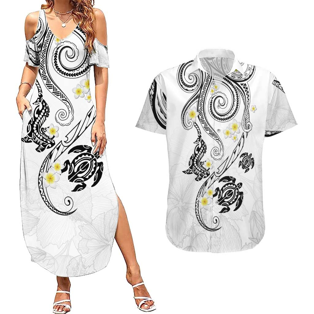 Polynesia Tribal Couples Matching Summer Maxi Dress and Hawaiian Shirt White Plumeria Tentacles LT7 White - Polynesian Pride