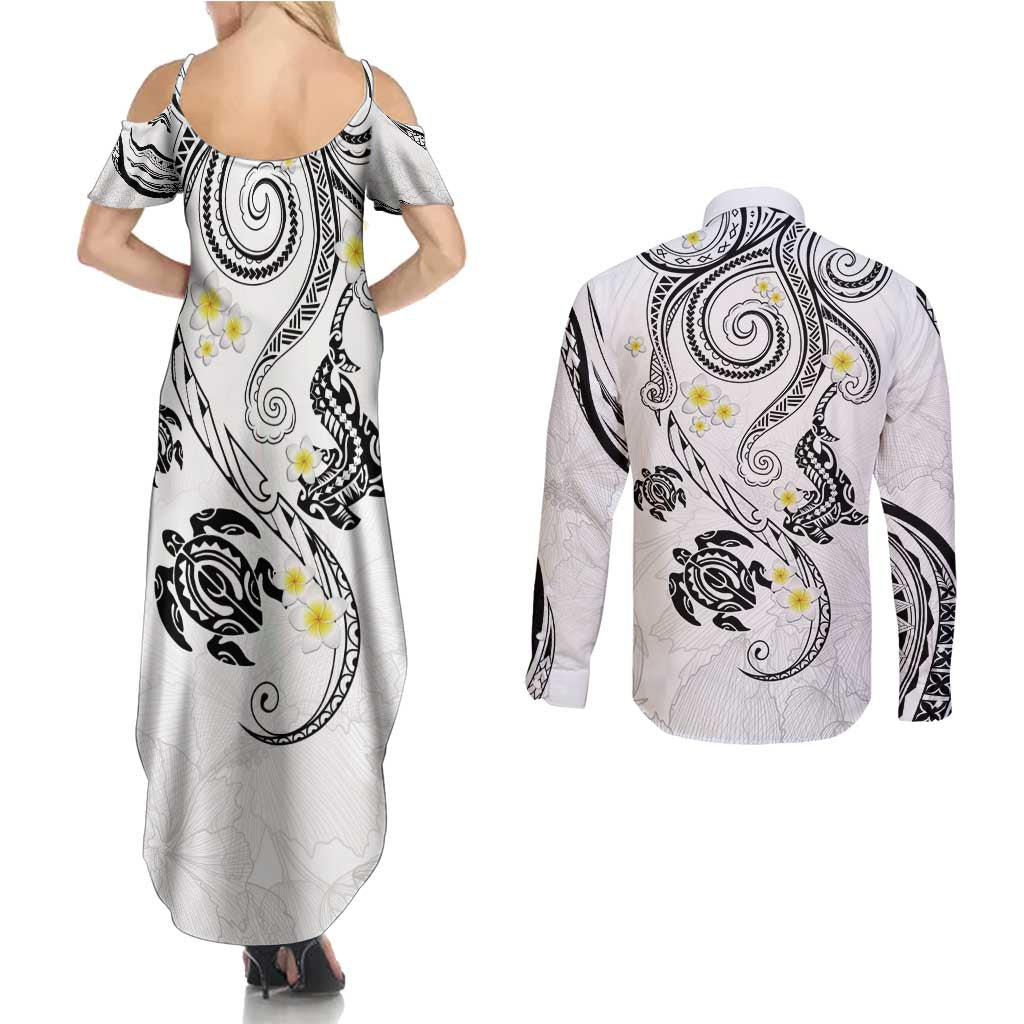 Polynesia Tribal Couples Matching Summer Maxi Dress and Long Sleeve Button Shirt White Plumeria Tentacles LT7 - Polynesian Pride