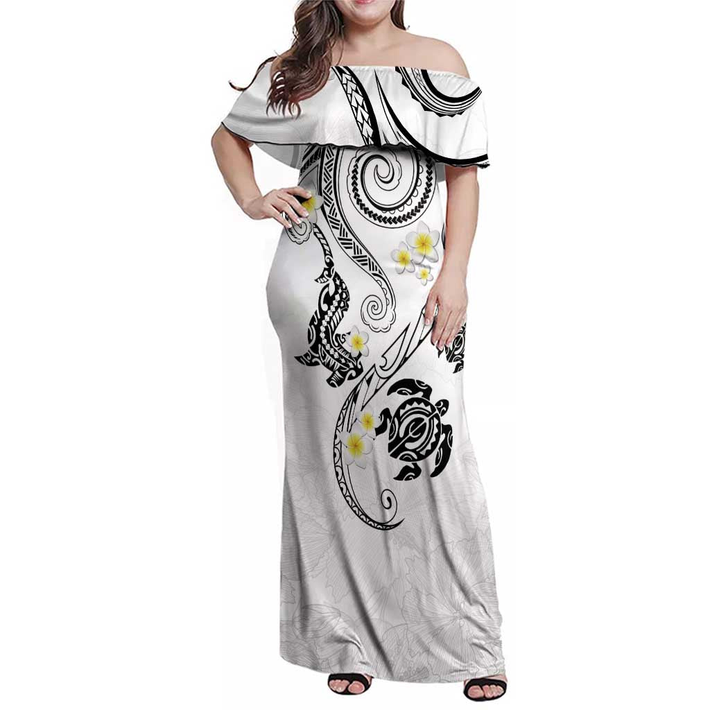 Polynesia Tribal Family Matching Off Shoulder Maxi Dress and Hawaiian Shirt White Plumeria Tentacles