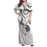 Polynesia Tribal Family Matching Off Shoulder Maxi Dress and Hawaiian Shirt White Plumeria Tentacles