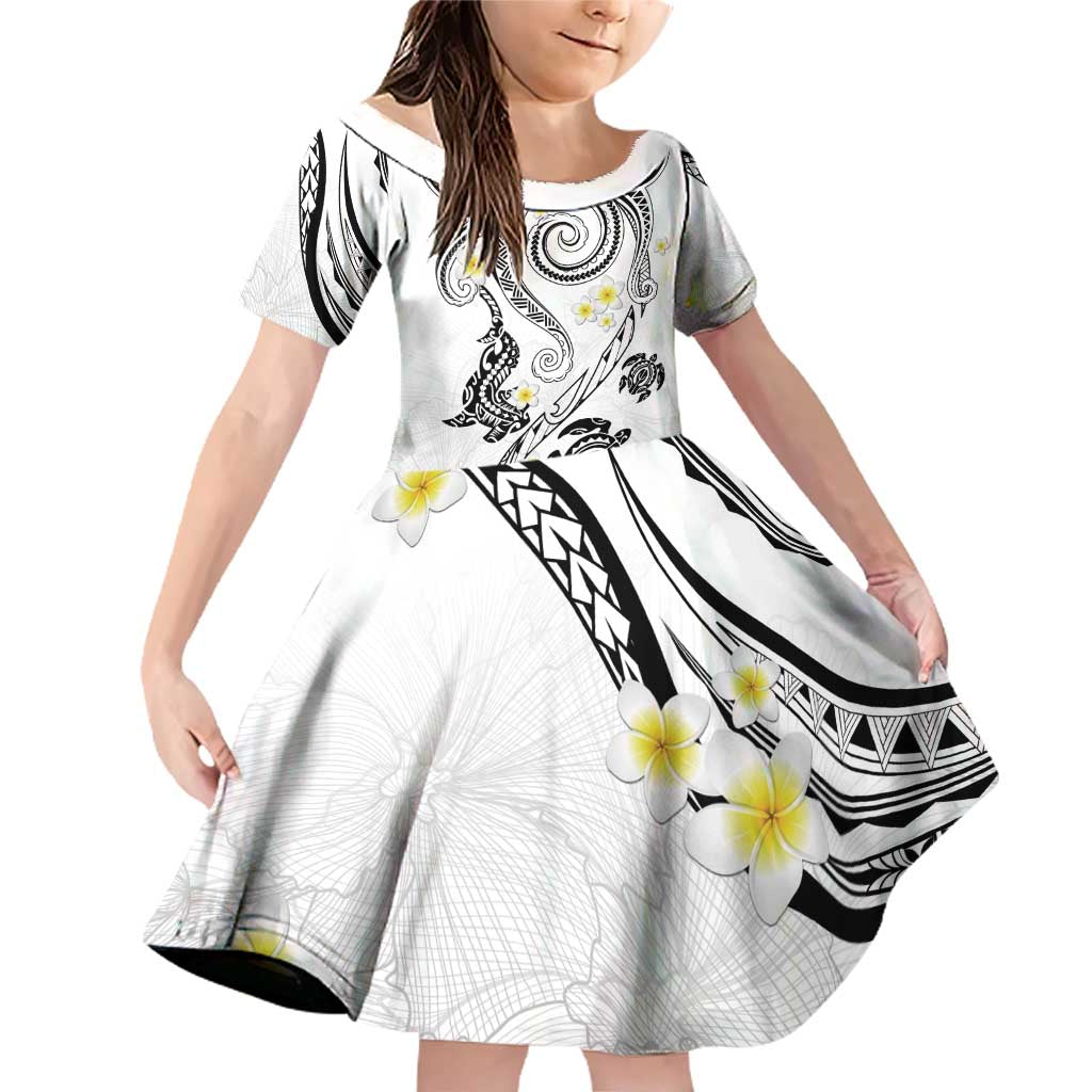 Polynesia Tribal Family Matching Off Shoulder Short Dress and Hawaiian Shirt White Plumeria Tentacles