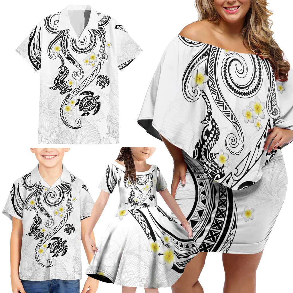 Polynesia Tribal Family Matching Off Shoulder Short Dress and Hawaiian Shirt White Plumeria Tentacles