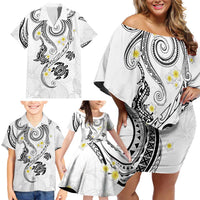 Polynesia Tribal Family Matching Off Shoulder Short Dress and Hawaiian Shirt White Plumeria Tentacles