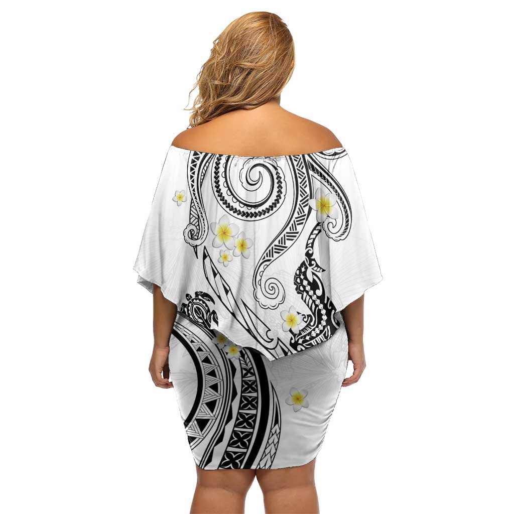 Polynesia Tribal Family Matching Off Shoulder Short Dress and Hawaiian Shirt White Plumeria Tentacles