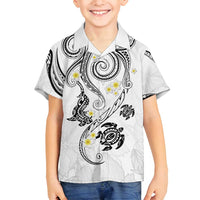 Polynesia Tribal Family Matching Off Shoulder Short Dress and Hawaiian Shirt White Plumeria Tentacles
