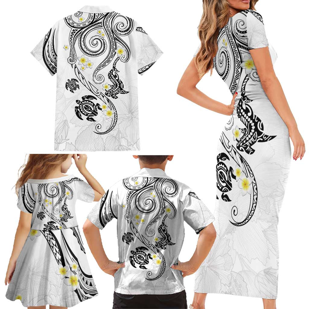Polynesia Tribal Family Matching Short Sleeve Bodycon Dress and Hawaiian Shirt White Plumeria Tentacles