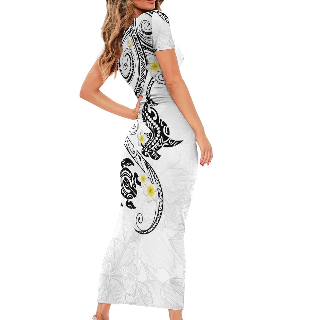 Polynesia Tribal Family Matching Short Sleeve Bodycon Dress and Hawaiian Shirt White Plumeria Tentacles
