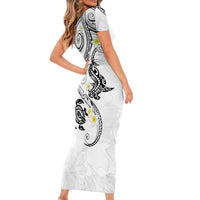 Polynesia Tribal Family Matching Short Sleeve Bodycon Dress and Hawaiian Shirt White Plumeria Tentacles
