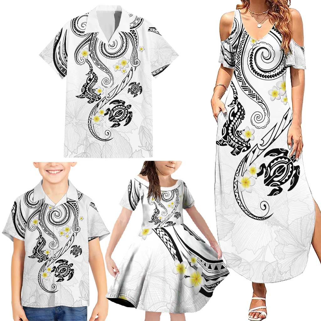 Polynesia Tribal Family Matching Summer Maxi Dress and Hawaiian Shirt White Plumeria Tentacles