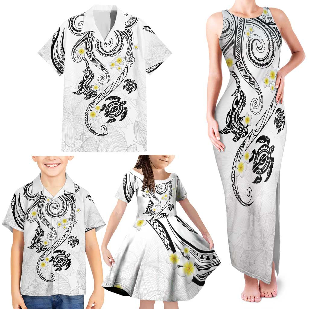 Polynesia Tribal Family Matching Tank Maxi Dress and Hawaiian Shirt White Plumeria Tentacles
