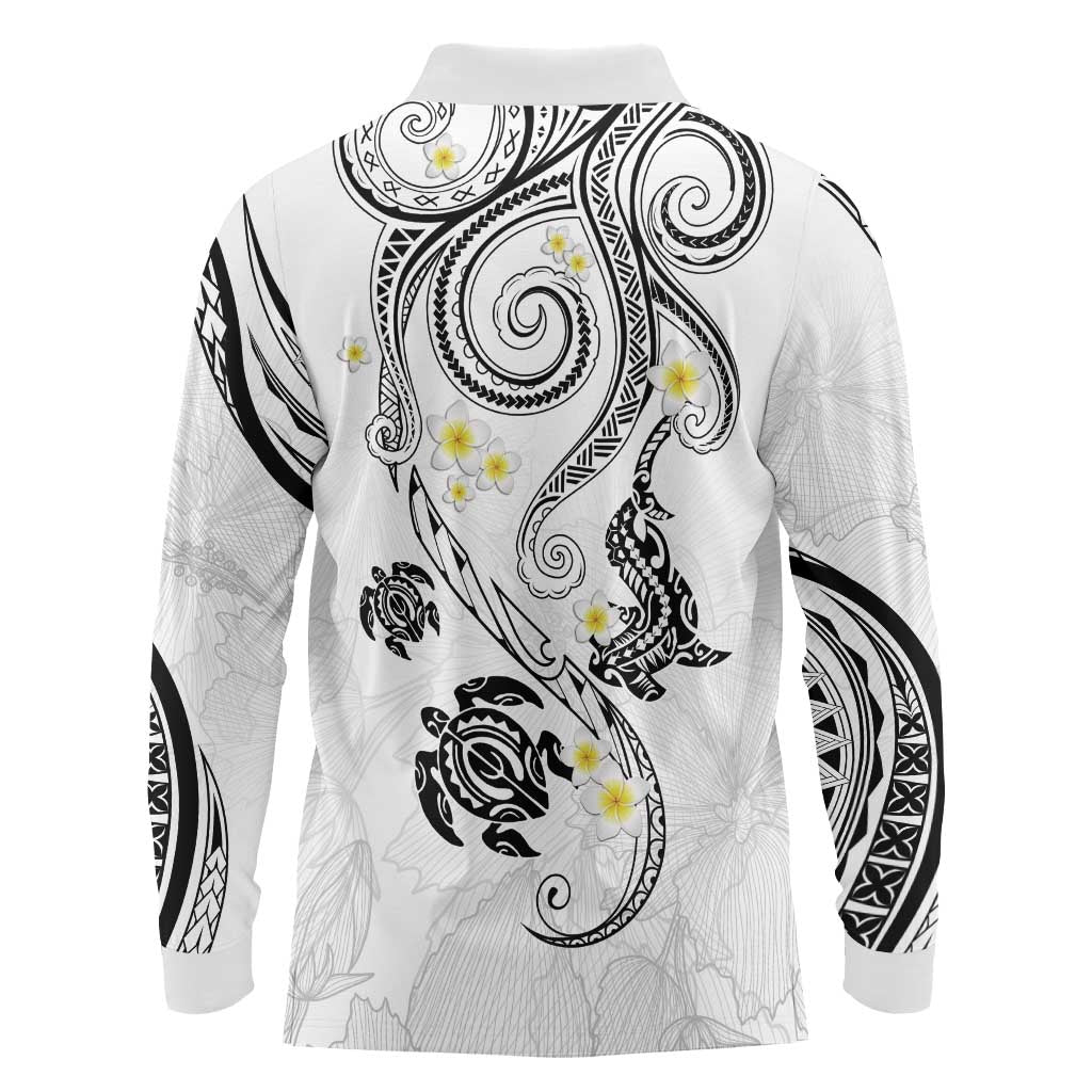 Polynesia Tribal Long Sleeve Polo Shirt White Plumeria Tentacles