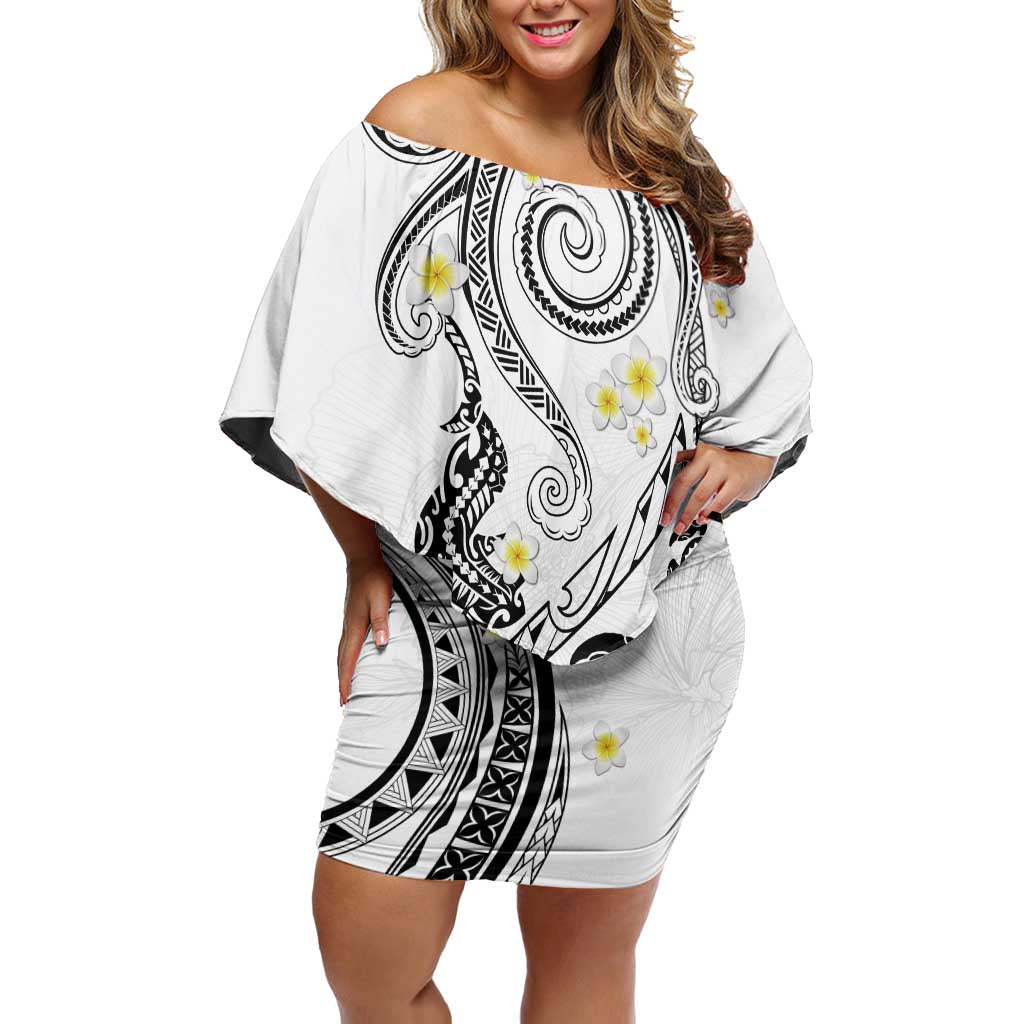 Polynesia Tribal Off Shoulder Short Dress White Plumeria Tentacles LT7 Women White - Polynesian Pride