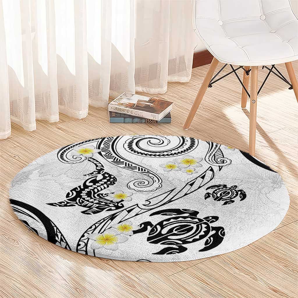 Polynesia Tribal Round Carpet White Plumeria Tentacles