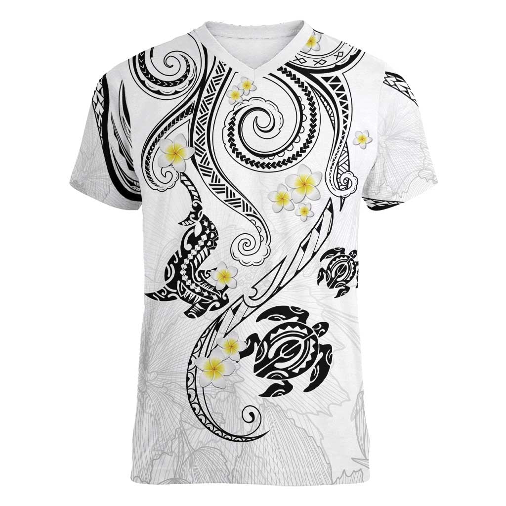 Polynesia Tribal Women V-Neck T-Shirt White Plumeria Tentacles LT7 Female White - Polynesian Pride
