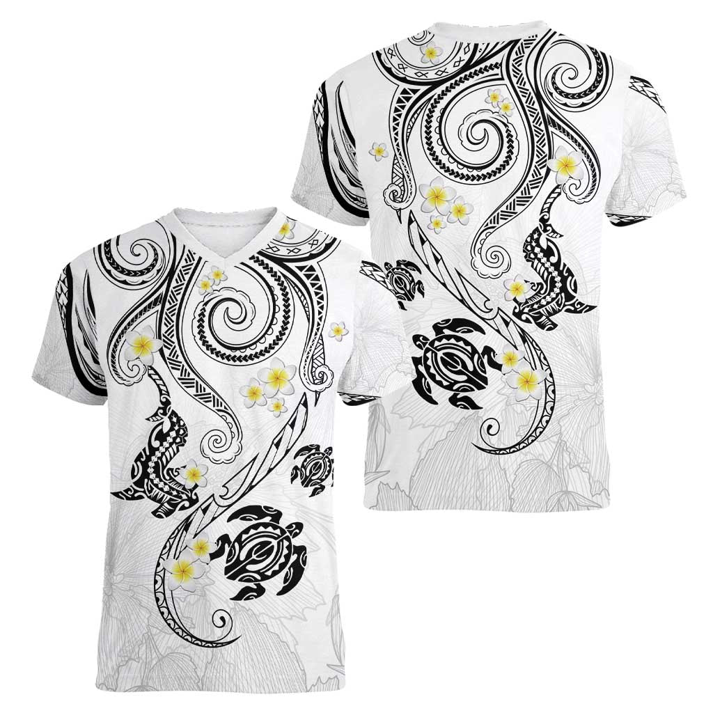 Polynesia Tribal Women V-Neck T-Shirt White Plumeria Tentacles LT7 - Polynesian Pride