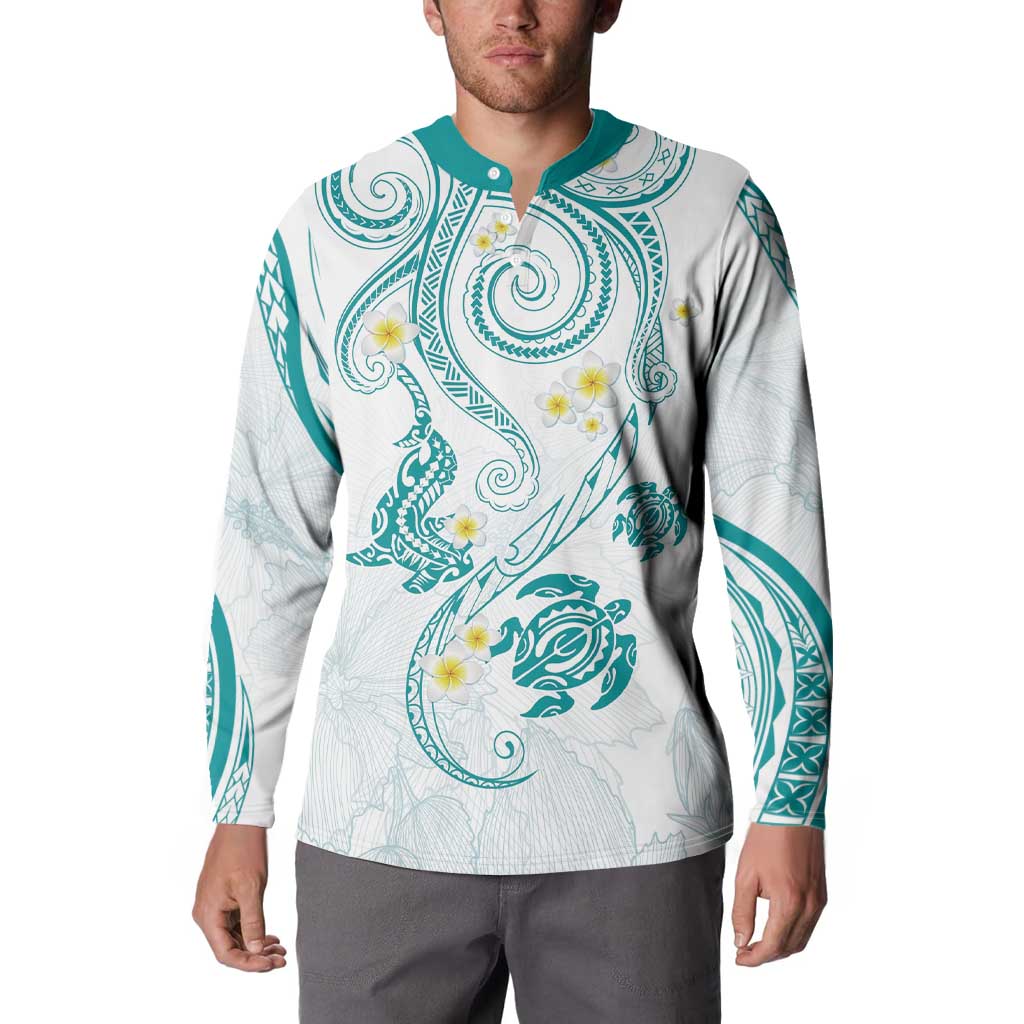 Polynesia Tribal Button Sweatshirt Teal Plumeria Tentacles LT7 - Polynesian Pride