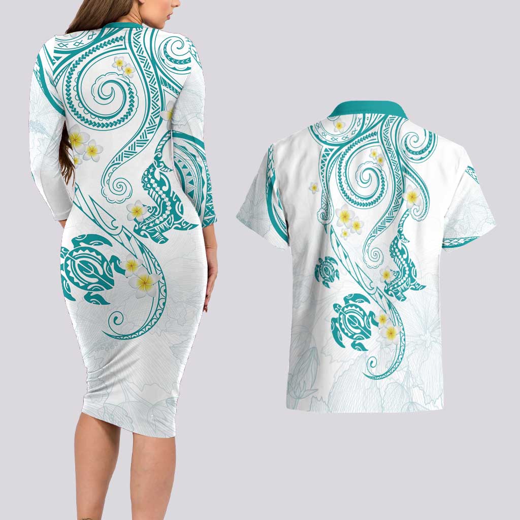 Polynesia Tribal Couples Matching Long Sleeve Bodycon Dress and Hawaiian Shirt Teal Plumeria Tentacles LT7 - Polynesian Pride