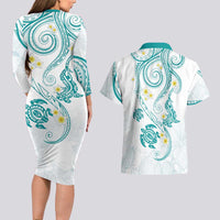 Polynesia Tribal Couples Matching Long Sleeve Bodycon Dress and Hawaiian Shirt Teal Plumeria Tentacles LT7 - Polynesian Pride