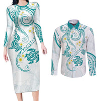 Polynesia Tribal Couples Matching Long Sleeve Bodycon Dress and Long Sleeve Button Shirt Teal Plumeria Tentacles LT7 Teal - Polynesian Pride