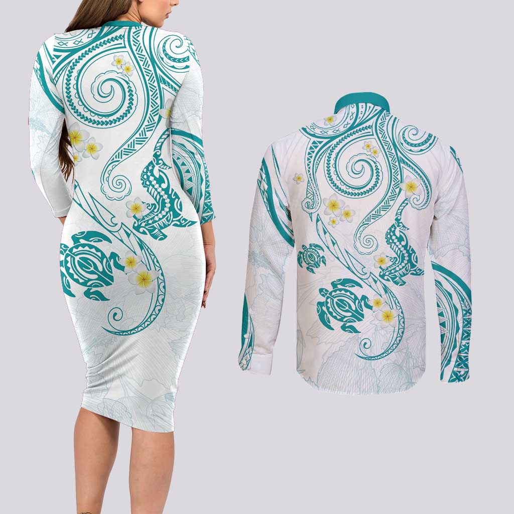 Polynesia Tribal Couples Matching Long Sleeve Bodycon Dress and Long Sleeve Button Shirt Teal Plumeria Tentacles LT7 - Polynesian Pride