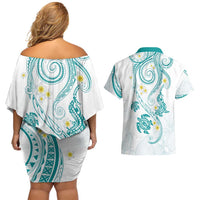 Polynesia Tribal Couples Matching Off Shoulder Short Dress and Hawaiian Shirt Teal Plumeria Tentacles LT7 - Polynesian Pride
