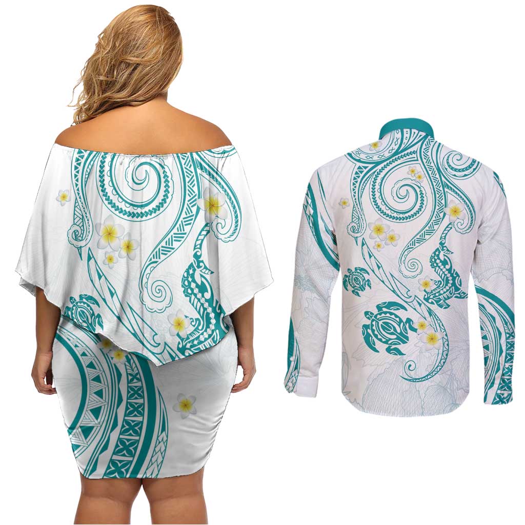 Polynesia Tribal Couples Matching Off Shoulder Short Dress and Long Sleeve Button Shirt Teal Plumeria Tentacles LT7 - Polynesian Pride