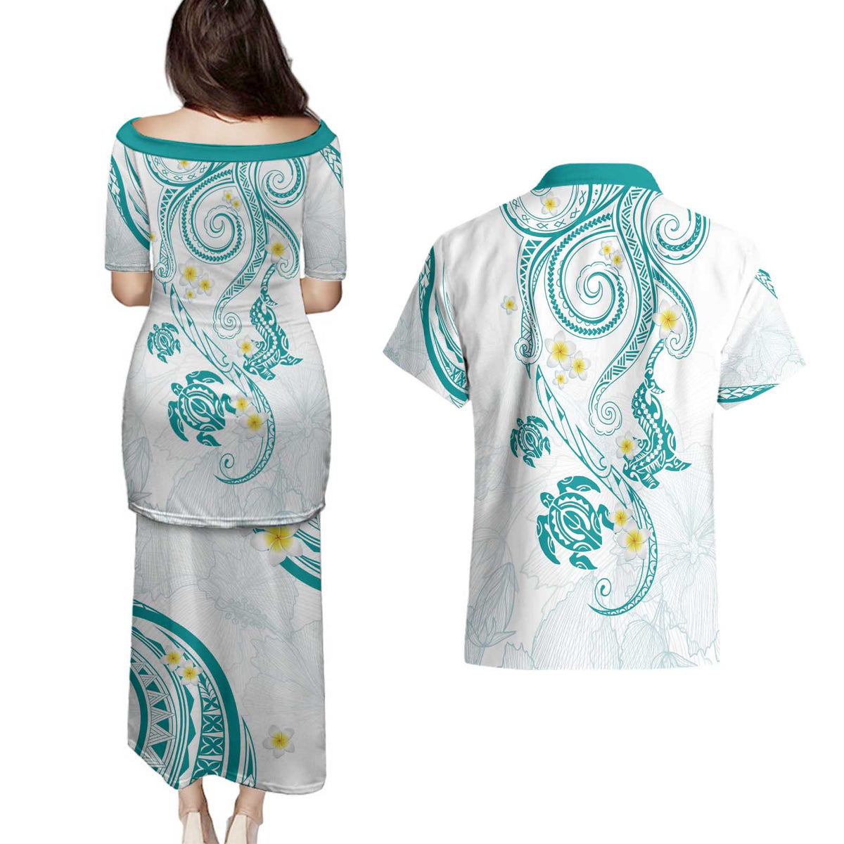 Polynesia Tribal Couples Matching Puletasi and Hawaiian Shirt Teal Plumeria Tentacles LT7 - Polynesian Pride
