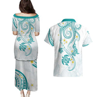 Polynesia Tribal Couples Matching Puletasi and Hawaiian Shirt Teal Plumeria Tentacles LT7 - Polynesian Pride