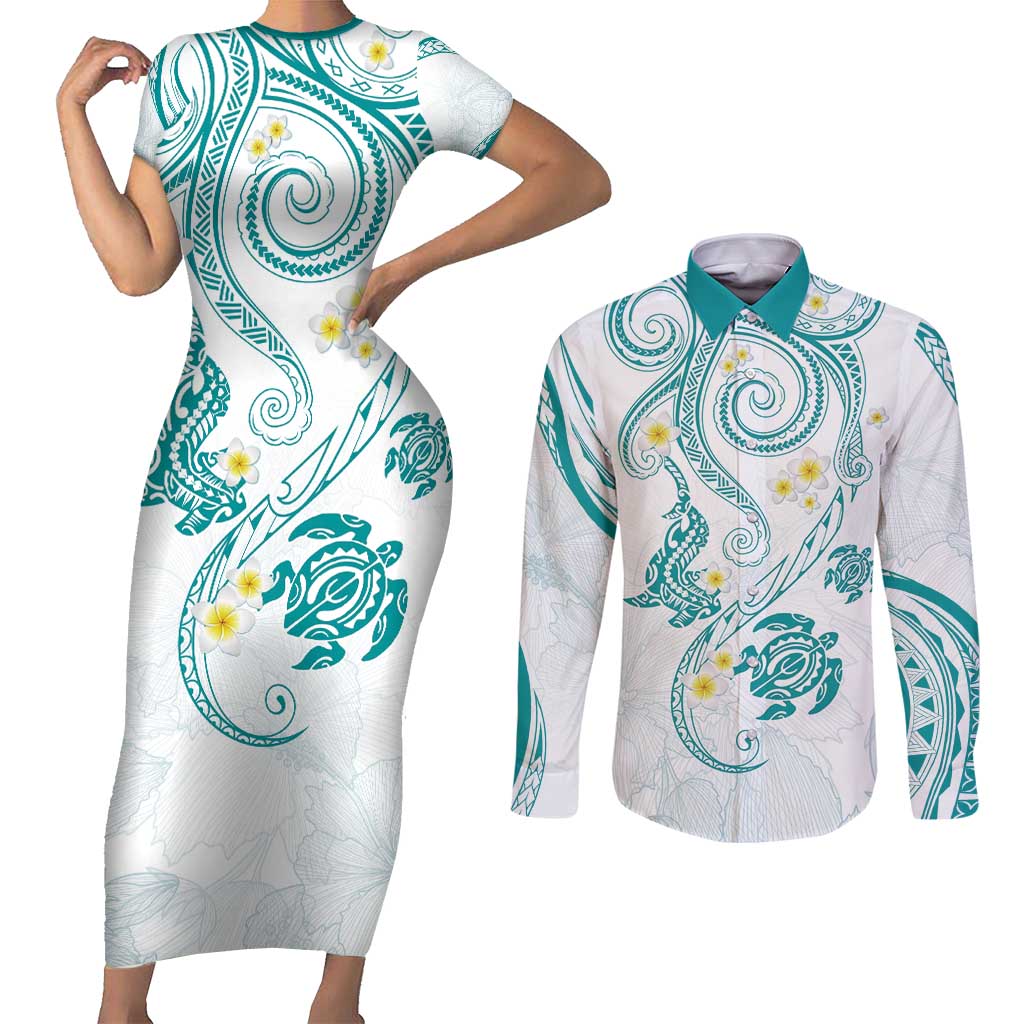 Polynesia Tribal Couples Matching Short Sleeve Bodycon Dress and Long Sleeve Button Shirt Teal Plumeria Tentacles LT7 Teal - Polynesian Pride