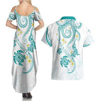 Polynesia Tribal Couples Matching Summer Maxi Dress and Hawaiian Shirt Teal Plumeria Tentacles LT7 - Polynesian Pride