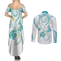 Polynesia Tribal Couples Matching Summer Maxi Dress and Long Sleeve Button Shirt Teal Plumeria Tentacles LT7 - Polynesian Pride