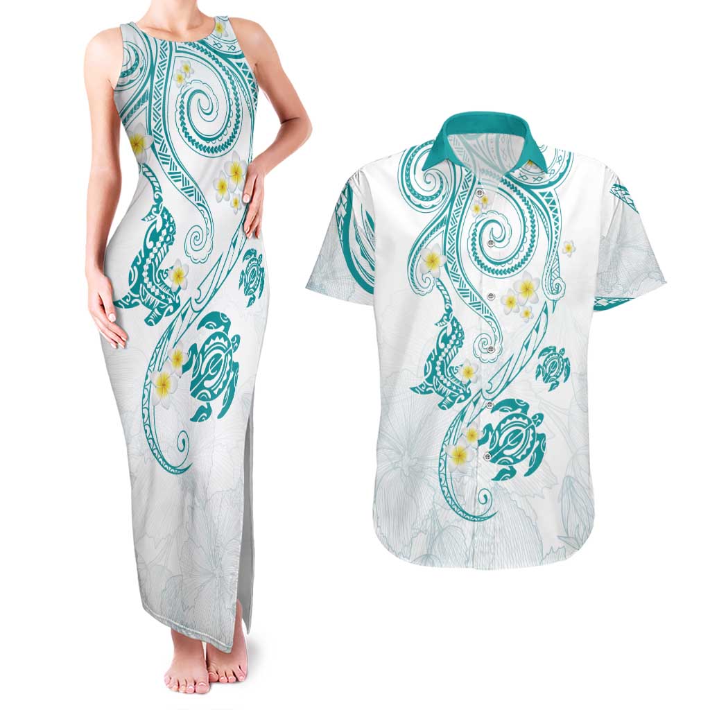 Polynesia Tribal Couples Matching Tank Maxi Dress and Hawaiian Shirt Teal Plumeria Tentacles LT7 Teal - Polynesian Pride