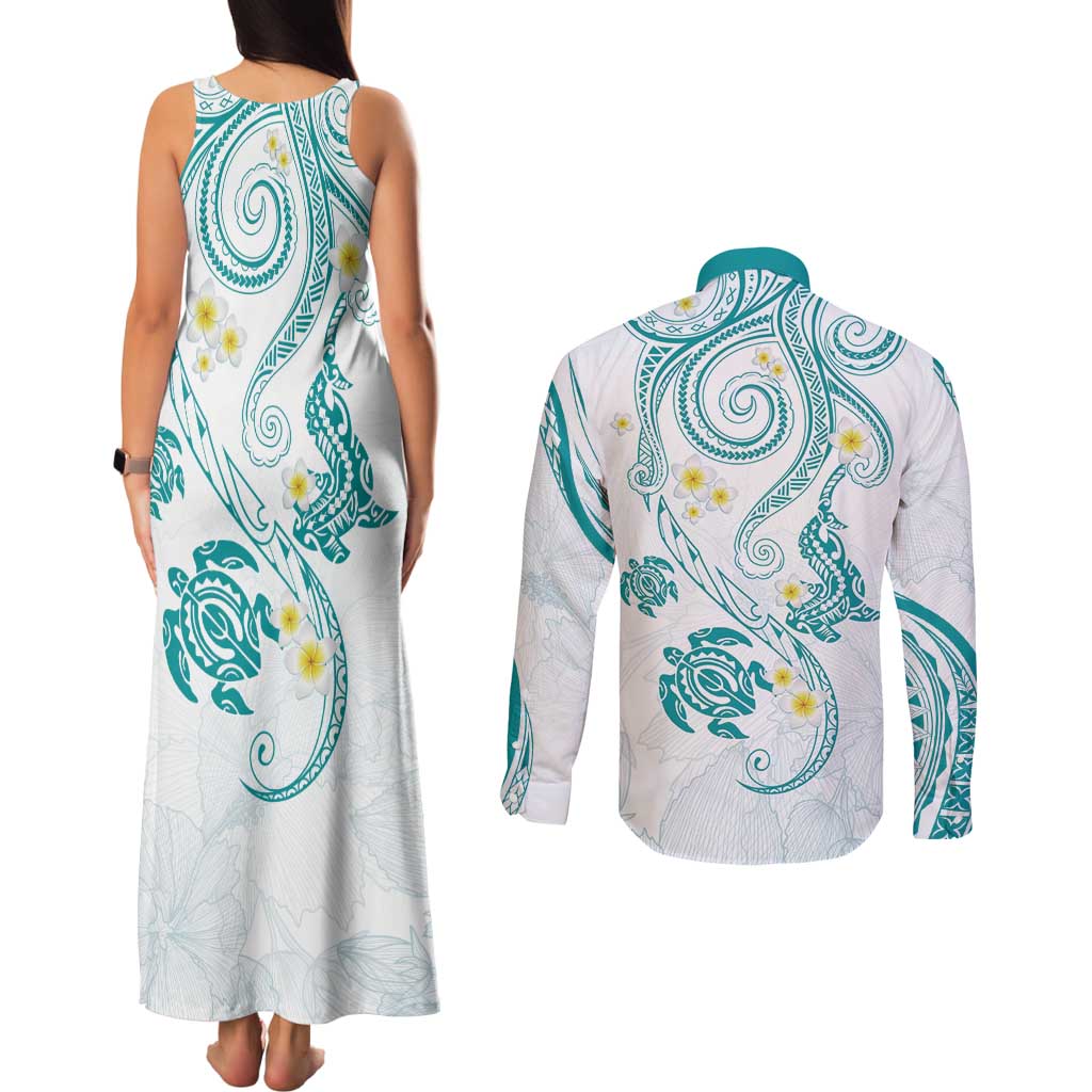 Polynesia Tribal Couples Matching Tank Maxi Dress and Long Sleeve Button Shirt Teal Plumeria Tentacles LT7 - Polynesian Pride