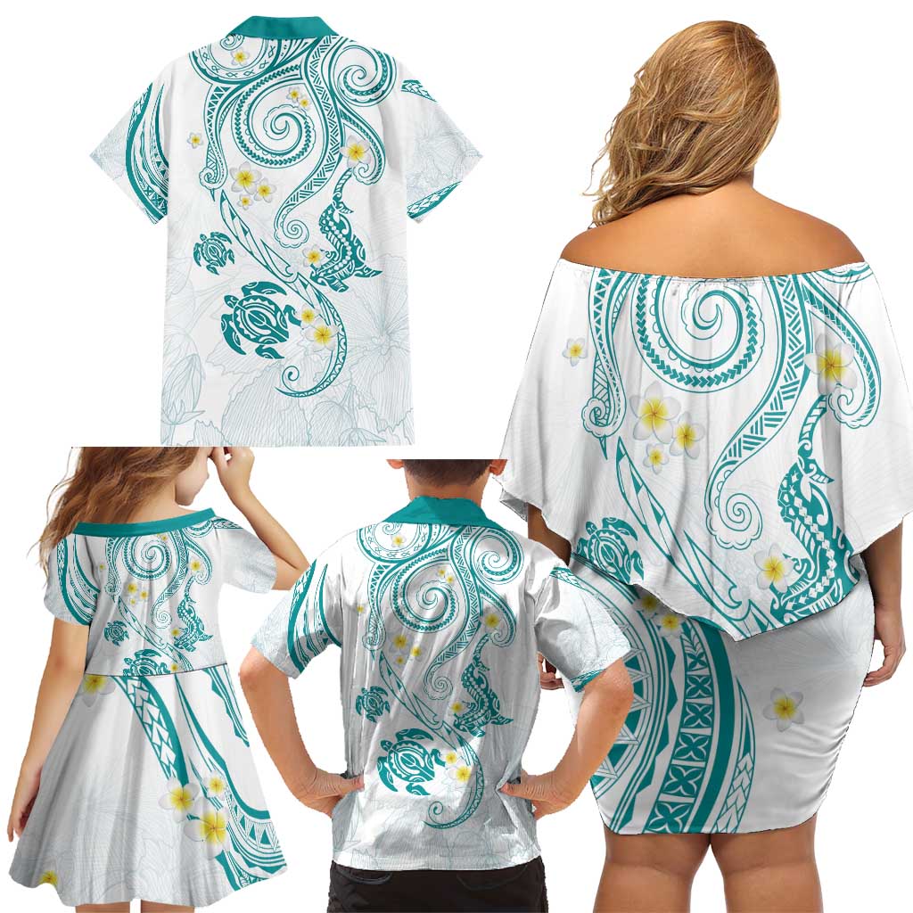 Polynesia Tribal Family Matching Off Shoulder Short Dress and Hawaiian Shirt Teal Plumeria Tentacles