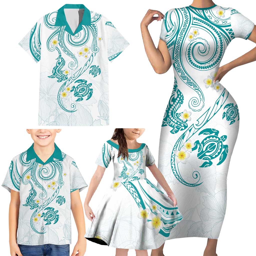 Polynesia Tribal Family Matching Short Sleeve Bodycon Dress and Hawaiian Shirt Teal Plumeria Tentacles
